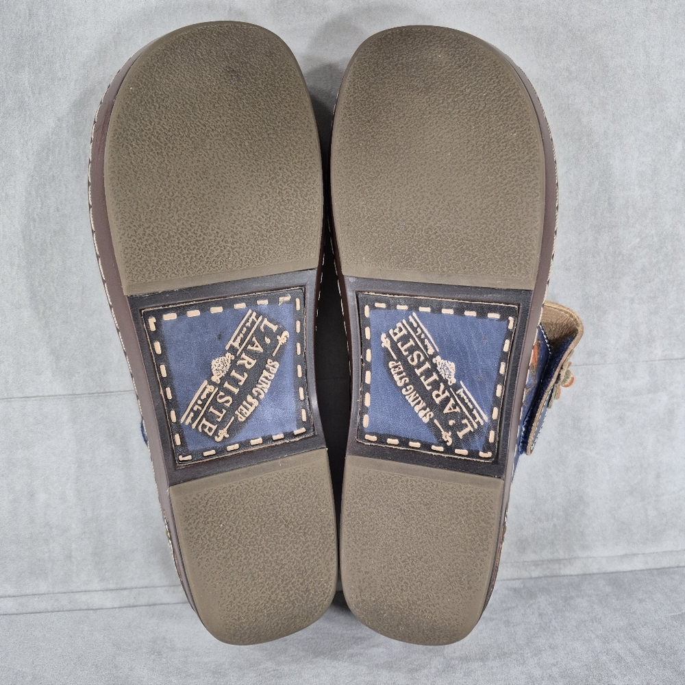Spring Step Blue Multi Floral Leather Mary Jane Clog Mules - Picture 9 of 14